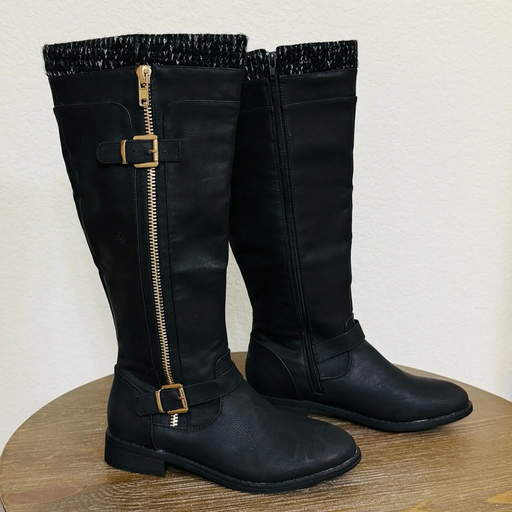 Shoe Dazzle • Black Knee High Riding Boots Gold Zipper Buckle Knit Trim